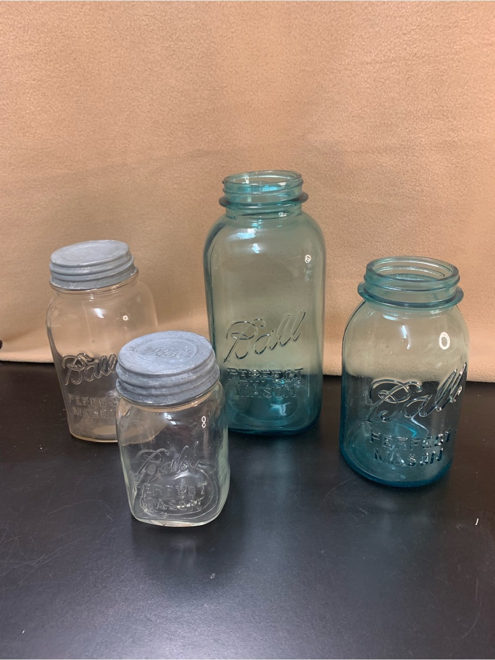 Vintage Blue and Clear Mason Jar Set Inv 908